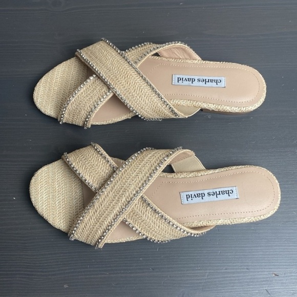 CHARLES DAVID Kenya Woven Flat Crisscross Embellished Sparkle Sandals Size 8.5 - Picture 2 of 11
